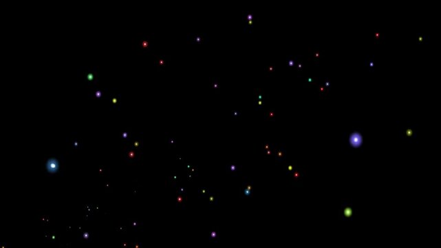 Colorful glowing particle rings bursting and moving towards camera on a dark black space background