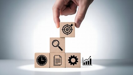 Hand placing wooden block with target symbol on stack