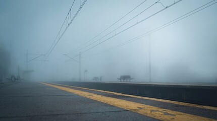Foggy tram tracks with overhead wires vanishing into mist. Empty urban platform and bench beside yellow pavement line. Atmospheric transport scene evoking mystery and solitude in hazy weather.