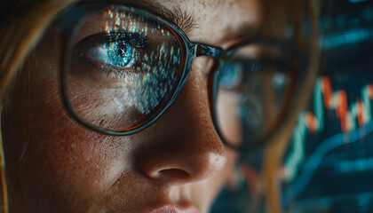 Person wears modern glasses. Stock market data, candlestick chart, reflects on lenses. Focused eye watches live trading trends. Investor analyzes tech finance, plans smart business decisions, manages