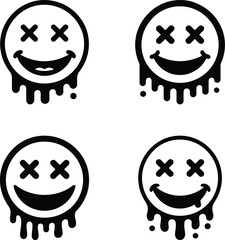Black dripping dead smiley face icons vector. Streetwear melting smiley face icon set. Minimalist dripping Emoji with Cross Eyes. Urban apparel designs, social media graphics, skater culture sticker.