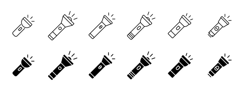 Flashlight icon set. Handheld electric torch for illumination. Portable light device for dark and emergency situations. Simple outline and solid flashlight vector illustration isolated.