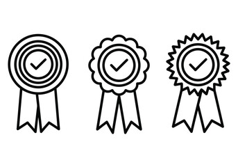 Three different line art icons of award ribbons with checkmarks, symbolizing quality and approval.