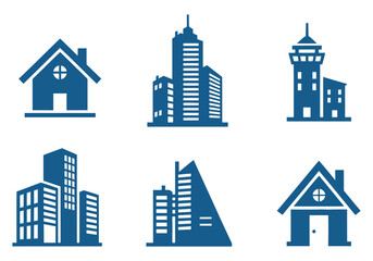 A collection of various building icons, including houses and skyscrapers, in blue