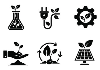 Green energy and sustainability icons featuring renewable resources and eco-friendly technology
