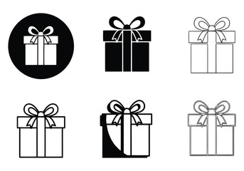 Set of black and white gift box icons with various line and solid styles
