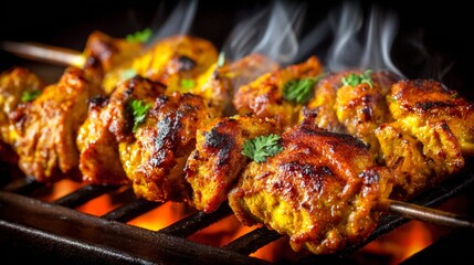 Delicious Chicken Tikka Skewers Grilling Over Hot Coals.