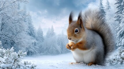 Cute squirrel eating nut in snowy winter forest, charming wildlife illustration with soft light and peaceful seasonal atmosphere
