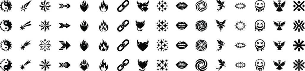 Black Y2K retro aesthetic icons vector set. Abstract shape collection. Minimalist 64 bold silhouette geometric burst pack with twinkle effects and 2000s. Tattoo, stickers, emo graphics, social media.