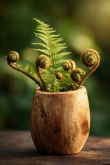 Wooden Pot With Spiral Ferns And Fiddleheads In Green Setting For Rustic Home Decor And Nature Photography