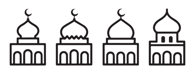 Set of multiple pagoda building silhouettes isolated on white background East Asian architectural style © Md