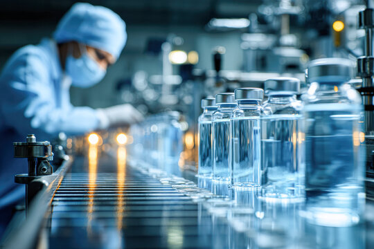 A healthcare worker in a lab coat oversees the production line of clear vials, emphasizing the sterile environment and focus on pharmaceutical manufacturing.