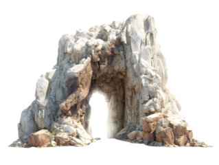 A natural rock arch formation with rugged textures and an opening, isolated on white background.