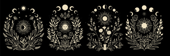 Vector illustration set of moon phases. Different stages of moonlight activity in vintage engraving style. Zodiac Signs  © chikovnaya