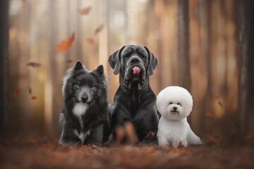 A Great Dane, Wolfdog, and Bichon Frise are sitting together in a forest during autumn. Leaves are falling around them as they pose for the view. The Great Dane licks his nose