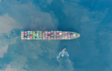 Plakat Container ship in export and import business logistics and transportation International. Aerial view and top view.