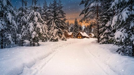 Snowy path leading through pine forest to wooden cabins at dusk. Winter evening landscape with warm glowing lights from houses in snowy woods. Cozy holiday retreat and nature escape concept