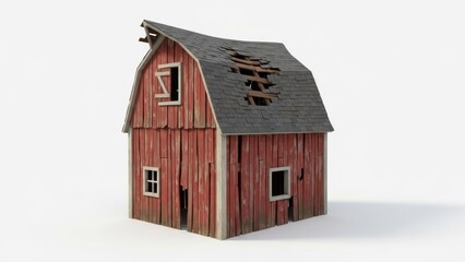 A simple 3D stylized Norwegian barn, old wooden structure, heavily weathered and chipped red paint, broken roof with a large hole, rural countryside, game asset, low poly style, clean lighting, center