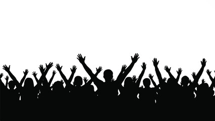 A crowd of people raising their hands in celebration against a white background