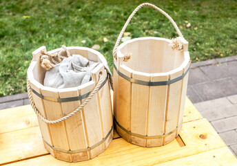 Traditional handmade wooden buckets for water