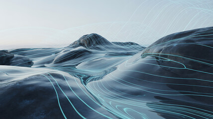 abstract mountainous terrain with smooth rolling hills covered in luminous thin light lines creating a sense of flow and energy