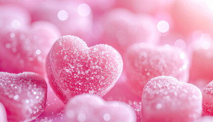 Fototapeta premium Heart-shaped pink candy with glittering sugar, romantic and dreamy atmosphere, Valentine celebration