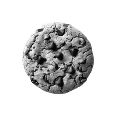Naklejka premium Black and white halftone illustration of a chocolate chip cookie seen from above. Minimalist food concept symbolizing dessert, snack, bakery product, sweetness, and comfort isolated on white.