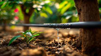 A close-up shows a watering hose and sprinkler dripping water onto the soil of a dwarf tree in sunlight. The background is blurred, highlighting the drop