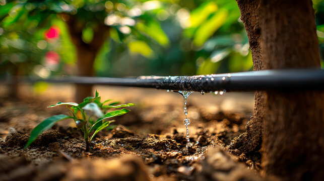 A close-up shows a watering hose and sprinkler dripping water onto the soil of a dwarf tree in sunlight. The background is blurred, highlighting the drop
