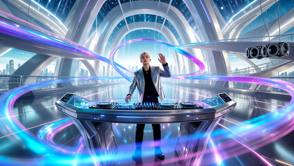 DJ partially dissolving into neon light and sound waves