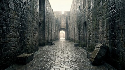 Empty stone passageway in ancient castle fortress. Narrow cobblestone corridor with wooden crates and arched doorways leading to light. Medieval historical architecture and adventure scene.