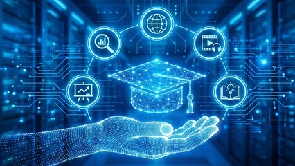 Obraz premium E-learning. Innovative online education and internet technology concept. Webinar, teaching, online training courses. Skill development. Wireframe hand touching digital interface ai