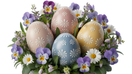 Easter sunday eggs decorated in floral arrangement isolated on transparent background