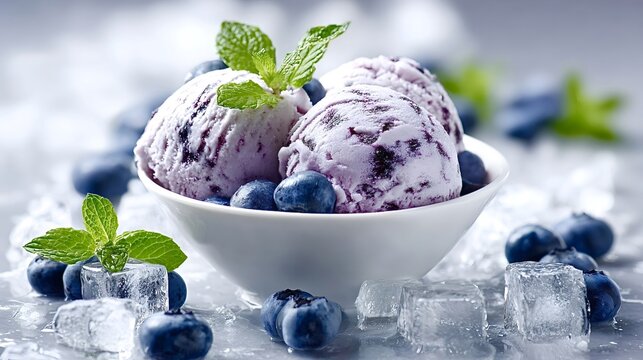 Blueberry ice cream scoops present in a white bowl, garnished with fresh blueberries and mint leaves, surrounded by ice cubes for a refreshing summer dessert - Powered by Adobe