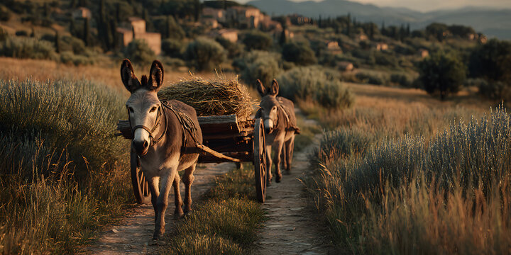 Domestic donkeys in a rural setting, work and transportation in a natural landscape
