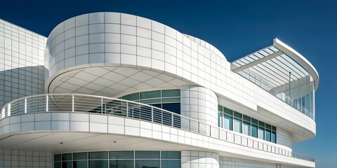 Fototapeta premium Modern curved architectural facade with clean lines representing contemporary building design and urban innovation