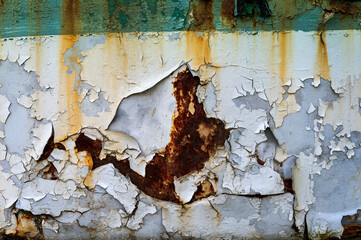 Peeling paint and rust creating grunge texture on metallic surface