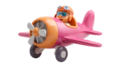 A cute cartoon pilot character flying a pink toy airplane with an orange propeller and wheels on a white background.