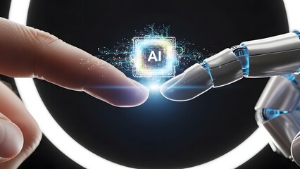 Human and robotic fingers touch, surrounded by a glowing AI symbol in a futuristic circular frame