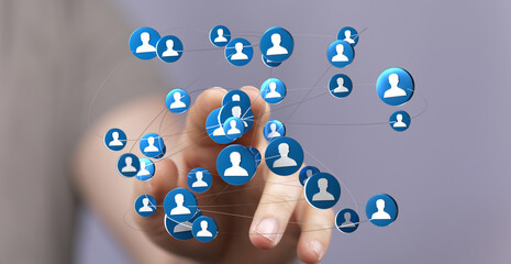 Hand touching network of user icons symbolizing connection, communication, social media, teamwork, and digital interaction. Perfect for business