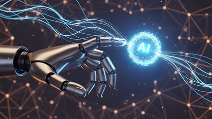 A robotic hand reaching towards a glowing AI symbol surrounded by a network of digital connections in a futuristic environment
