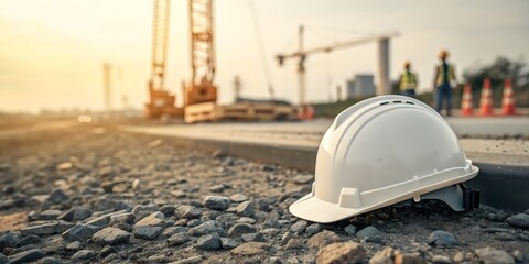 White safety helmet at construction site representing professional engineering standards and infrastructure development