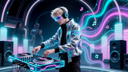 DJ controlling flowing neon light structures with sound