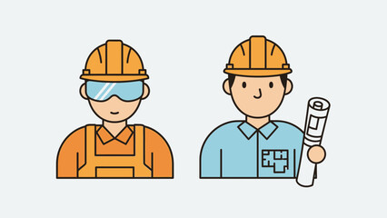 Professional male workers in construction and engineering, depicted in a modern flat design style, illustrating building industry for project success and development