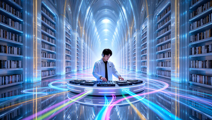 A DJ is playing music in a library.