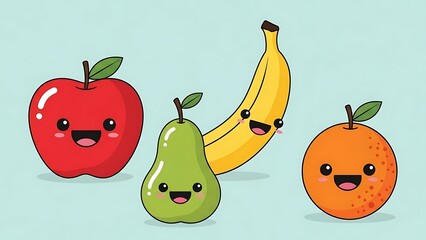 Cartoon fruits with smiling faces together.