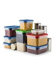 Assortment of food containers with pasta, beans, and rice alongside cans