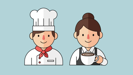 Illustrated portrayal of diverse food service professionals, featuring a skilled chef and a friendly barista, symbolizing dedication and excellent hospitality in the culinary industry