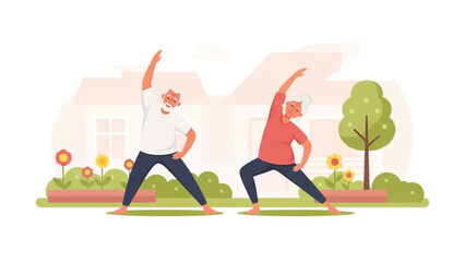 This serene flat design illustration shows a cheerful senior couple engaging in gentle yoga and stretching in their garden, promoting active aging, wellness, and healthy relationships in later life. 