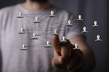 Person interacting with network concept showing connection, communication, and relationship between...